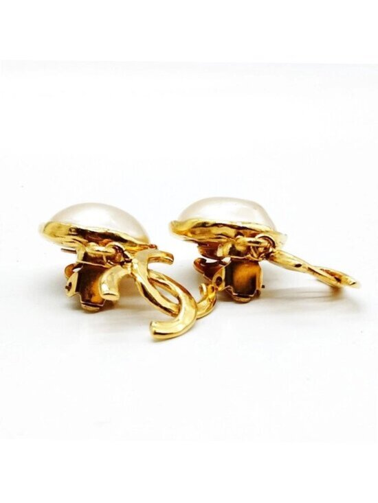 Vintage CHANEL Gold-tone Round Faux Pearl Earrings With CC  Chanel CC Faux Pearl Clip-On Earrings Gold Tone Vintage Designer Earrings